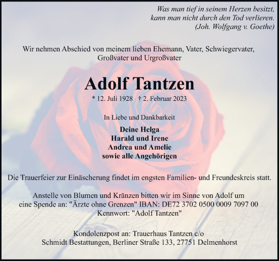 Traueranzeige von Adolf Tantzen von DK Medien GmbH & Co. KG