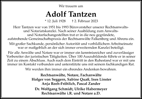 Traueranzeige von Adolf Tantzen von DK Medien GmbH & Co. KG