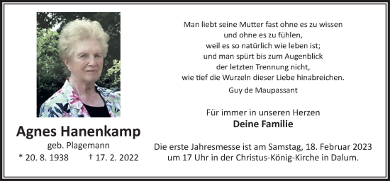 Traueranzeige von Agnes Hanenkamp von Neue Osnabrücker Zeitung GmbH & Co. KG