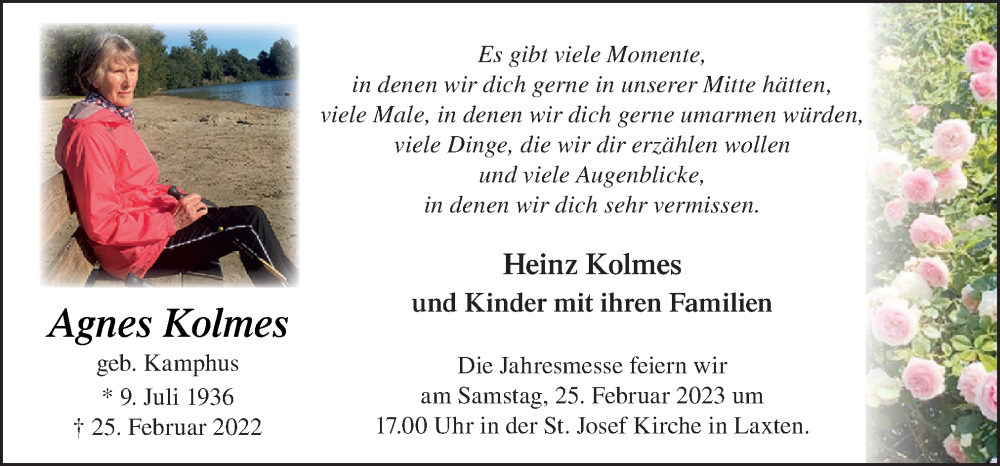  Traueranzeige für Agnes Kolmes vom 18.02.2023 aus Neue Osnabrücker Zeitung GmbH & Co. KG