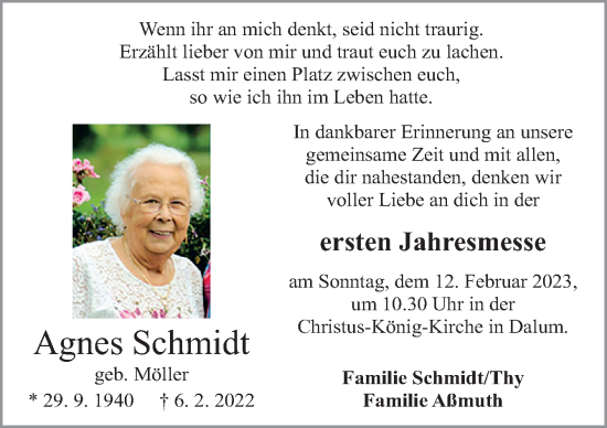 Traueranzeige von Agnes Schmidt von Neue Osnabrücker Zeitung GmbH & Co. KG