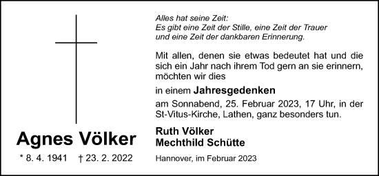 Traueranzeige von Agnes Völker von Neue Osnabrücker Zeitung GmbH & Co. KG