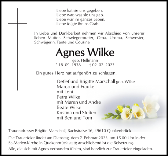 Traueranzeige von Agnes Wilke von Neue Osnabrücker Zeitung GmbH &amp; Co. KG