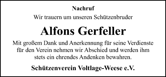 Traueranzeige von Alfons Gerfeller von Neue Osnabrücker Zeitung GmbH & Co. KG