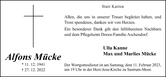 Traueranzeige von Alfons Mücke von Neue Osnabrücker Zeitung GmbH & Co. KG