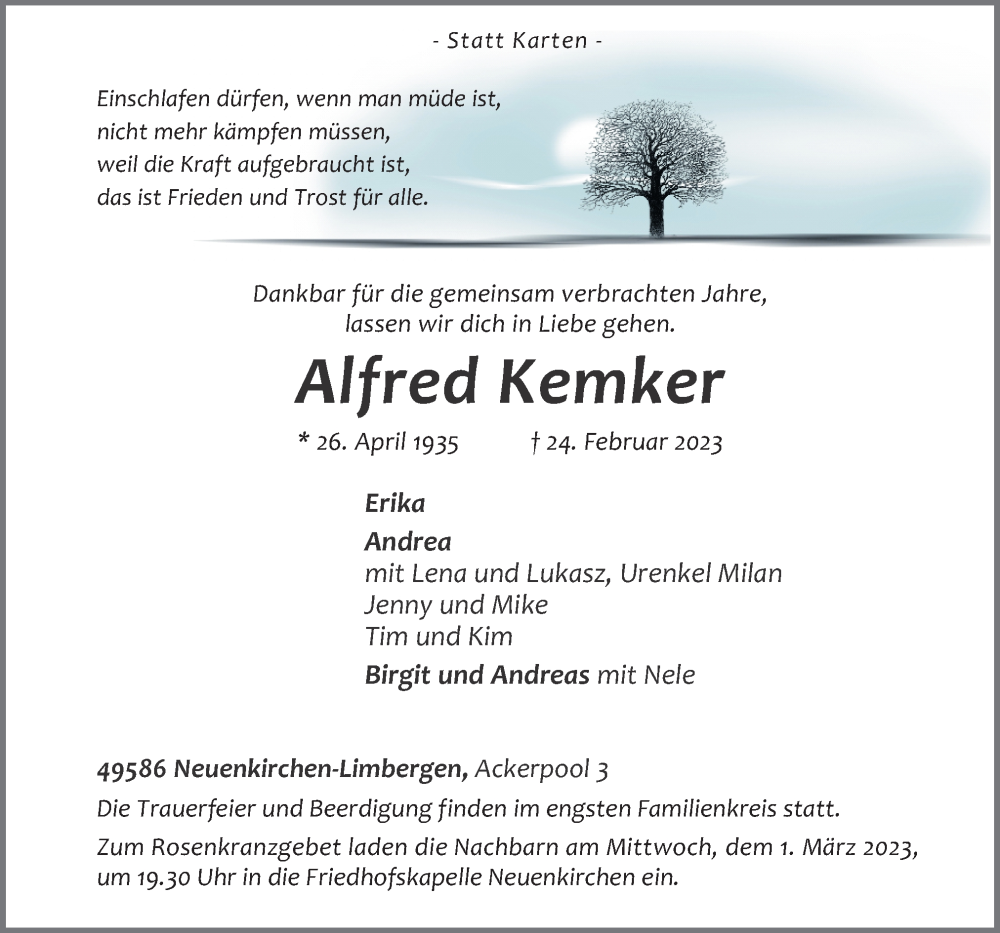  Traueranzeige für Alfred Kemker vom 28.02.2023 aus Neue Osnabrücker Zeitung GmbH & Co. KG