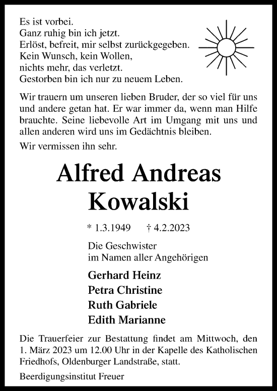 Traueranzeige von Alfred Andreas Kowalski von DK Medien GmbH & Co. KG