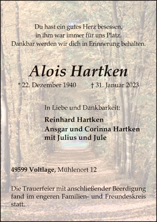 Traueranzeige von Alois Hartken von Neue Osnabrücker Zeitung GmbH & Co. KG