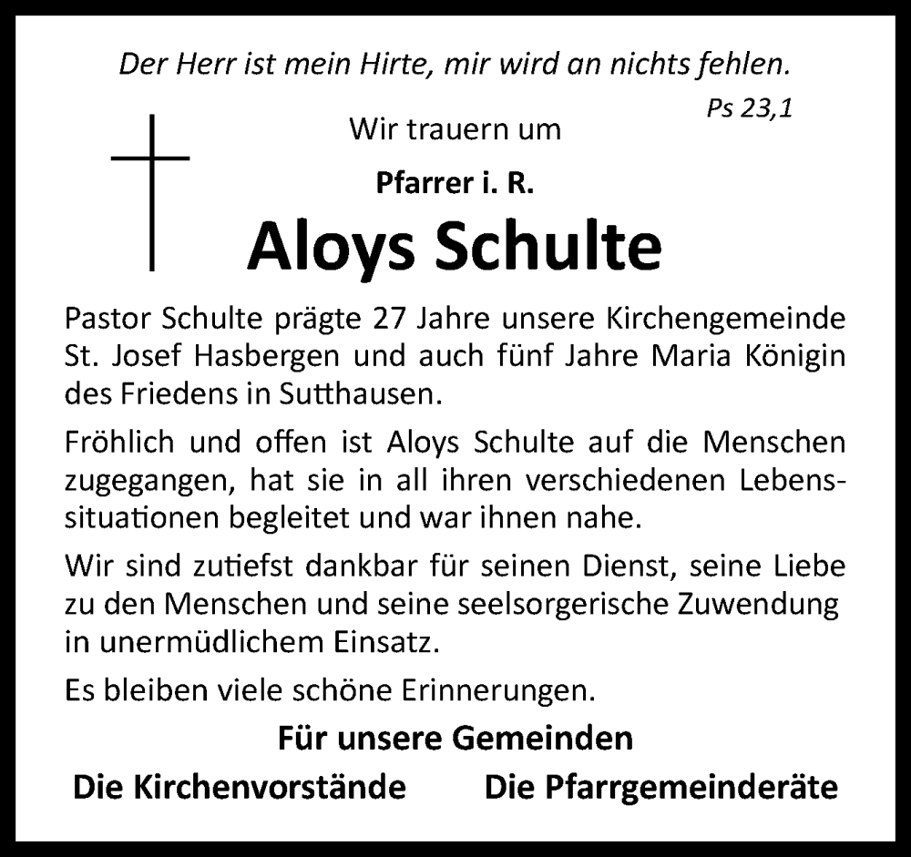  Traueranzeige für Aloys Schulte vom 22.02.2023 aus Neue Osnabrücker Zeitung GmbH & Co. KG