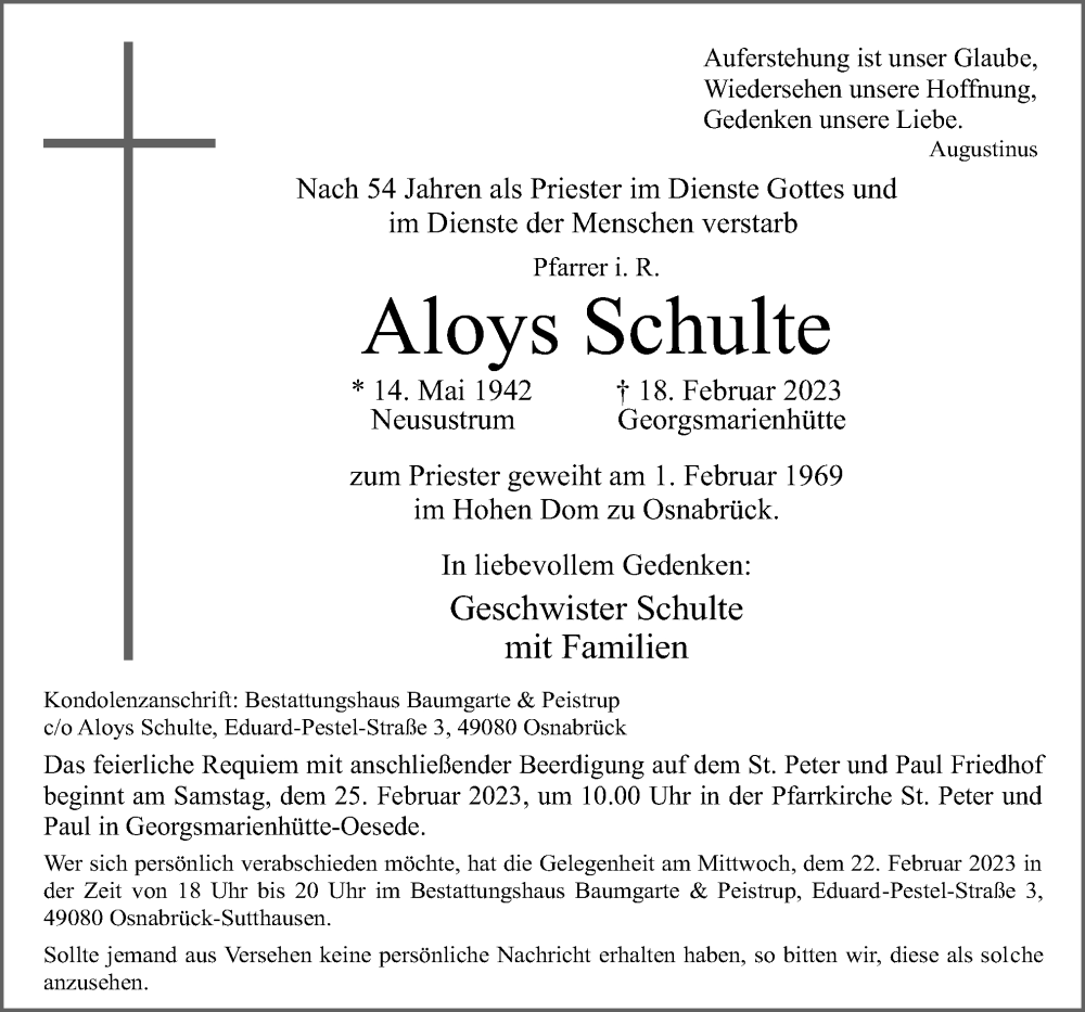  Traueranzeige für Aloys Schulte vom 22.02.2023 aus Neue Osnabrücker Zeitung GmbH & Co. KG