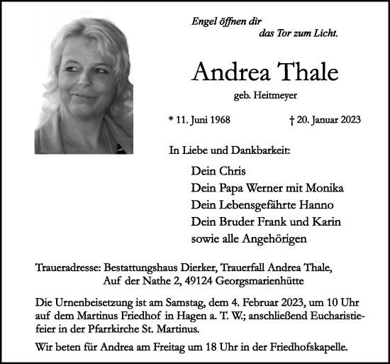 Traueranzeige von Andrea Thale von Neue Osnabrücker Zeitung GmbH & Co. KG