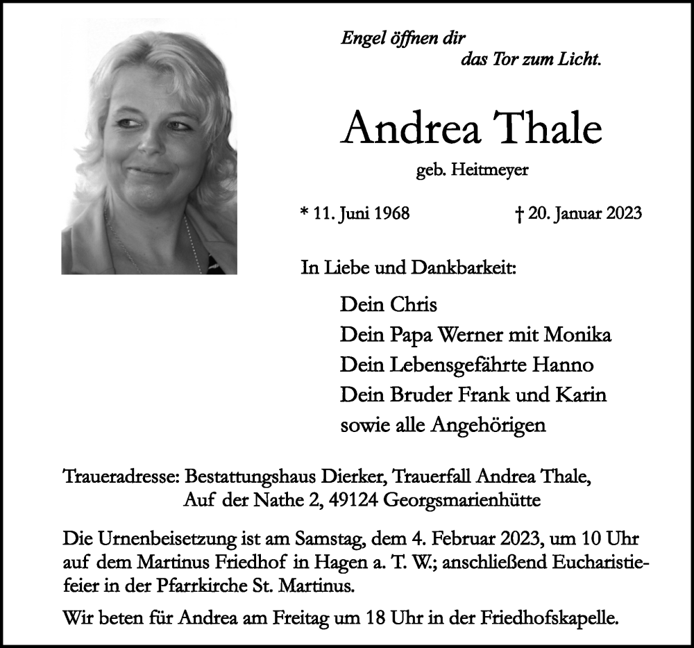  Traueranzeige für Andrea Thale vom 01.02.2023 aus Neue Osnabrücker Zeitung GmbH & Co. KG