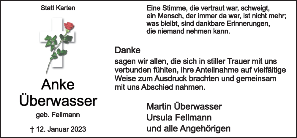  Traueranzeige für Anke Überwasser vom 18.02.2023 aus Neue Osnabrücker Zeitung GmbH & Co. KG