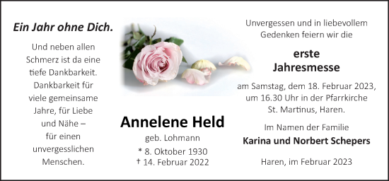 Traueranzeige von Annelene Held von Neue Osnabrücker Zeitung GmbH & Co. KG