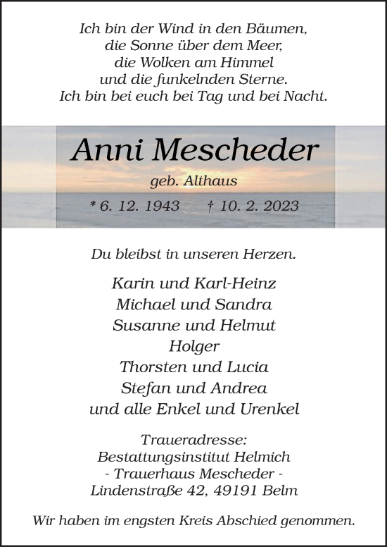 Traueranzeige von Anni Mescheder von Neue Osnabrücker Zeitung GmbH & Co. KG