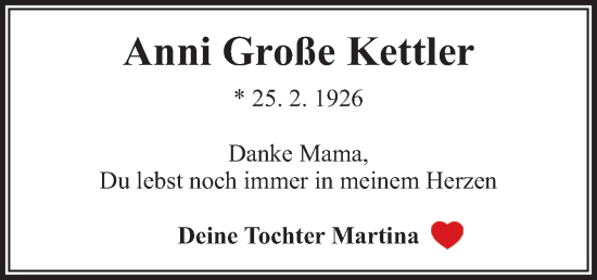Traueranzeige von Anni Große Kettler von Neue Osnabrücker Zeitung GmbH & Co. KG