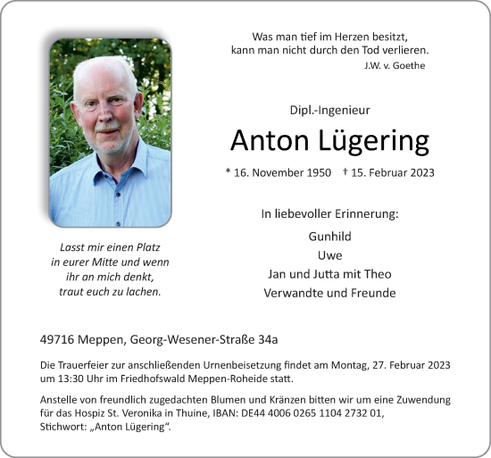 Traueranzeige von Anton Lügering von Neue Osnabrücker Zeitung GmbH & Co. KG