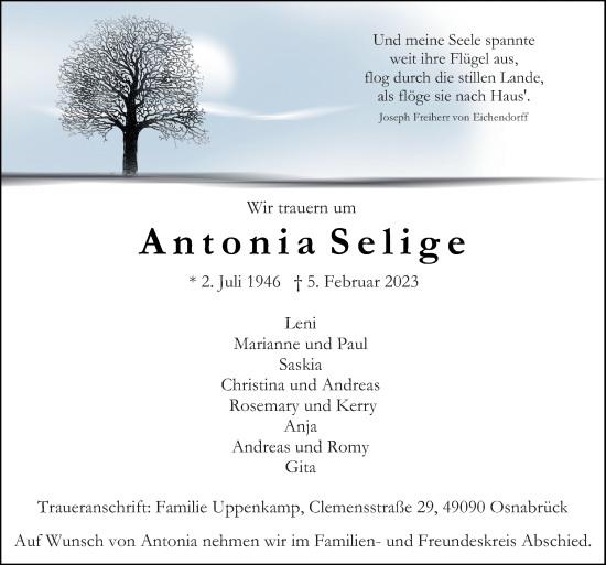 Traueranzeige von Antonia Selige von Neue Osnabrücker Zeitung GmbH & Co. KG