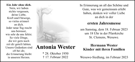 Traueranzeige von Antonia Wester von Neue Osnabrücker Zeitung GmbH & Co. KG