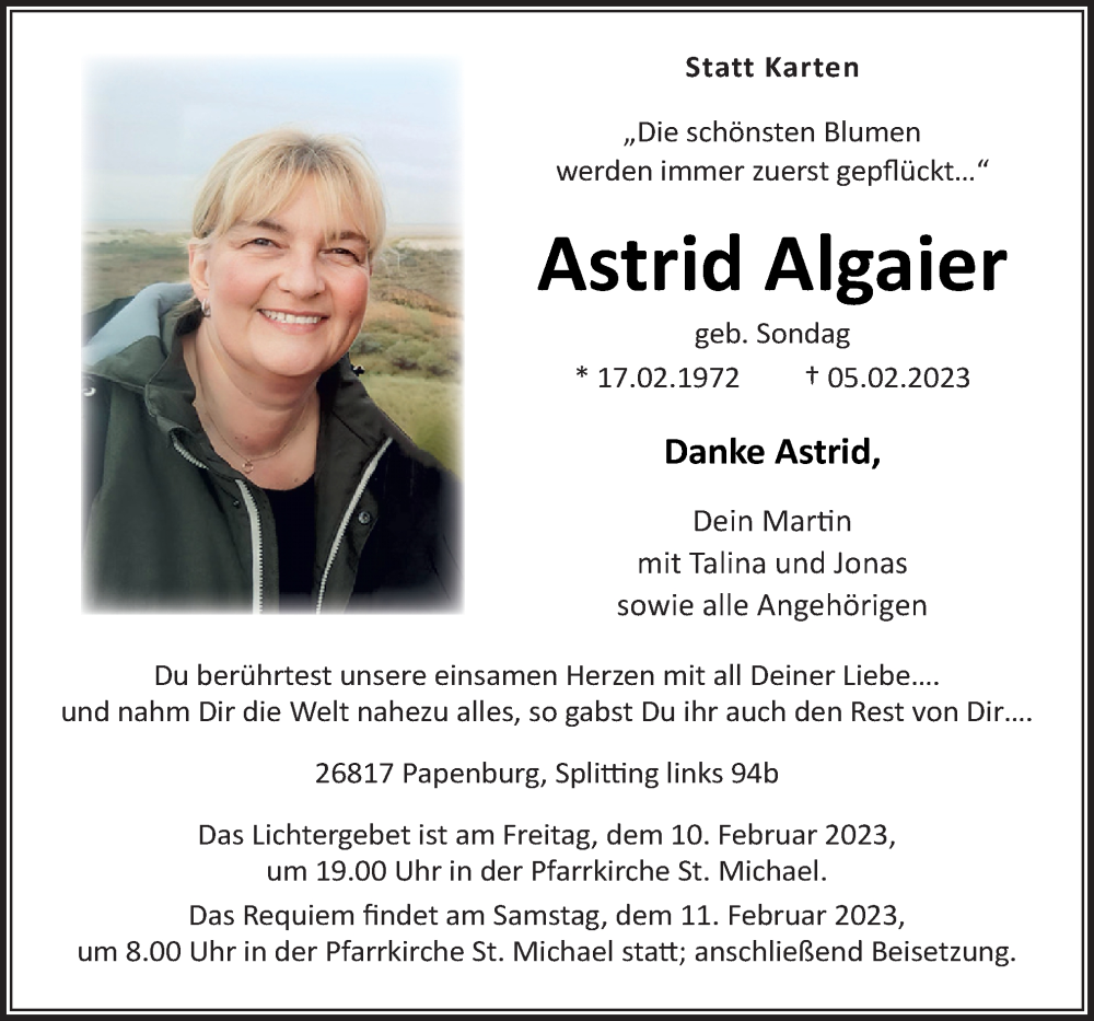  Traueranzeige für Astrid Algaier vom 08.02.2023 aus Neue Osnabrücker Zeitung GmbH & Co. KG