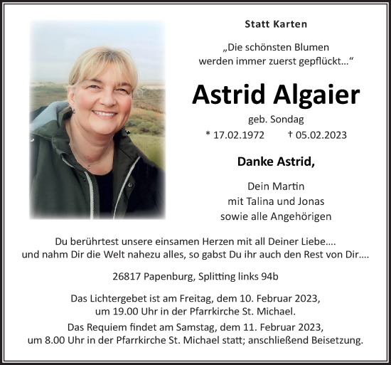 Traueranzeige von Astrid Algaier von Neue Osnabrücker Zeitung GmbH & Co. KG