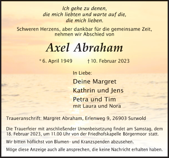 Traueranzeige von Axel Abraham von Neue Osnabrücker Zeitung GmbH & Co. KG