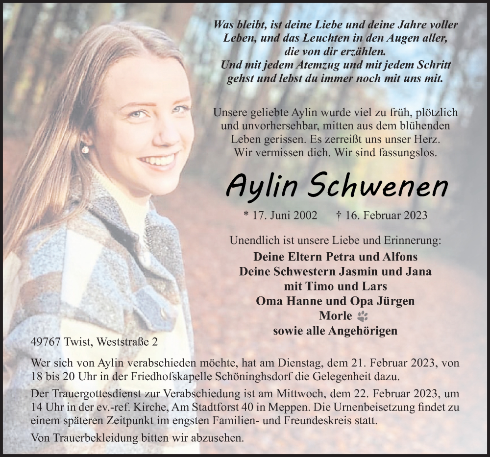  Traueranzeige für Aylin Schwenen vom 20.02.2023 aus Neue Osnabrücker Zeitung GmbH & Co. KG