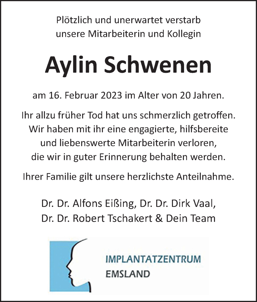  Traueranzeige für Aylin Schwenen vom 22.02.2023 aus Neue Osnabrücker Zeitung GmbH & Co. KG