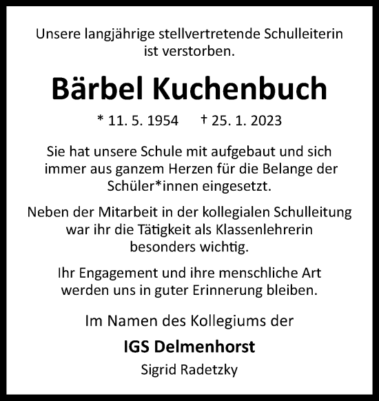 Traueranzeige von Bärbel Kuchenbuch von DK Medien GmbH & Co. KG