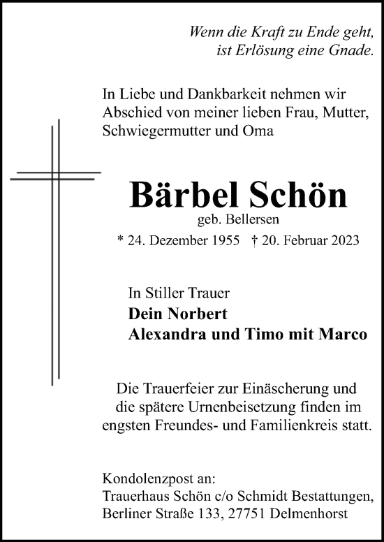 Traueranzeige von Bärbel Schön von DK Medien GmbH & Co. KG