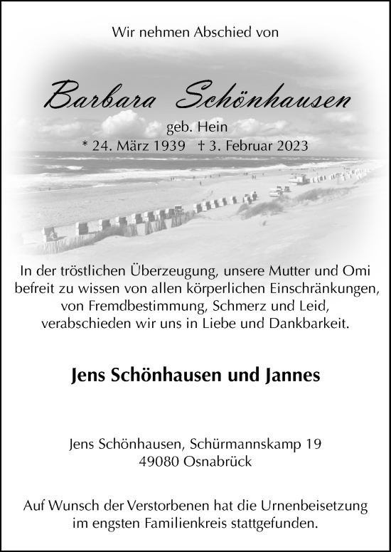 Traueranzeige von Barbara Schönhausen von Neue Osnabrücker Zeitung GmbH & Co. KG