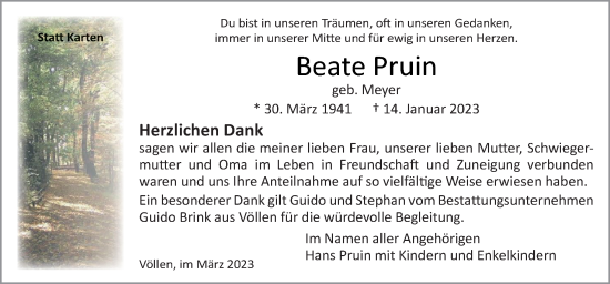 Traueranzeige von Beate Pruin von Neue Osnabrücker Zeitung GmbH & Co. KG