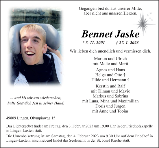 Traueranzeige von Bennet Jaske von Neue Osnabrücker Zeitung GmbH & Co. KG