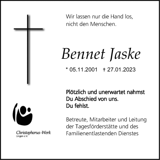 Traueranzeige von Bennet Jaske von Neue Osnabrücker Zeitung GmbH & Co. KG