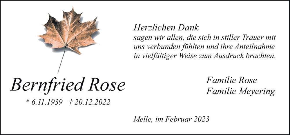 Traueranzeigen Von Bernfried Rose | Noz Trauerportal