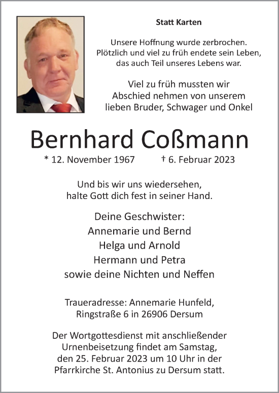 Traueranzeige von Bernhard Coßmann von Neue Osnabrücker Zeitung GmbH & Co. KG