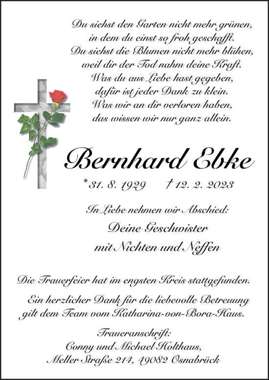 Traueranzeige von Bernhard Ebke von Neue Osnabrücker Zeitung GmbH & Co. KG