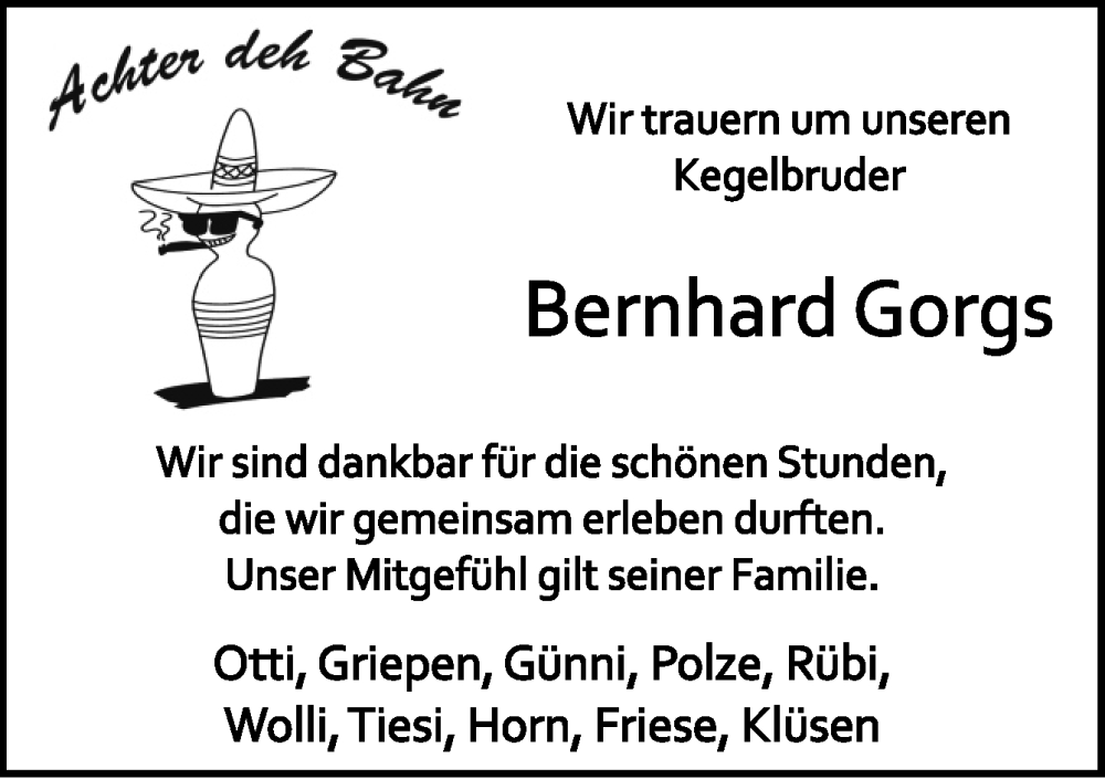  Traueranzeige für Bernhard Gorgs vom 25.02.2023 aus Neue Osnabrücker Zeitung GmbH & Co. KG