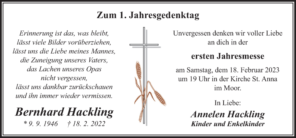  Traueranzeige für Bernhard Hackling vom 15.02.2023 aus Neue Osnabrücker Zeitung GmbH & Co. KG