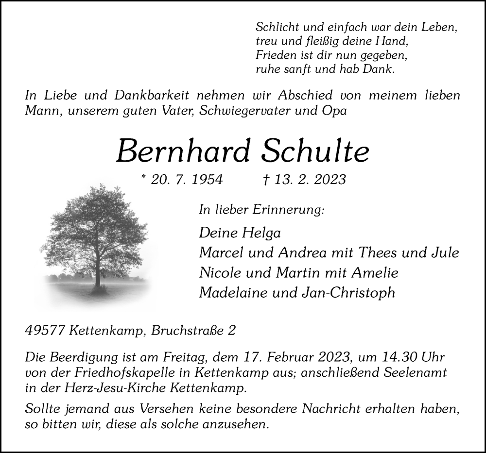  Traueranzeige für Bernhard Schulte vom 15.02.2023 aus Neue Osnabrücker Zeitung GmbH & Co. KG