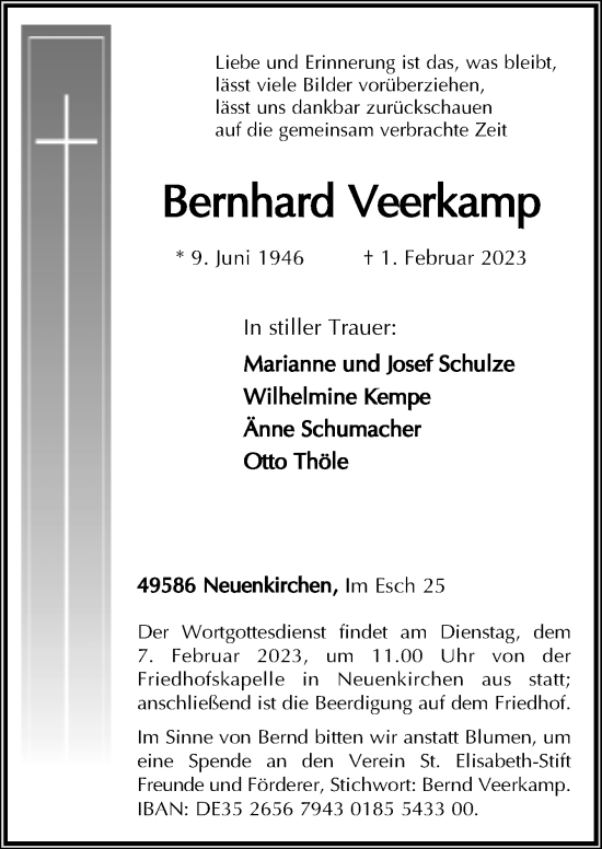Traueranzeige von Bernhard Veerkamp von Neue Osnabrücker Zeitung GmbH &amp; Co. KG