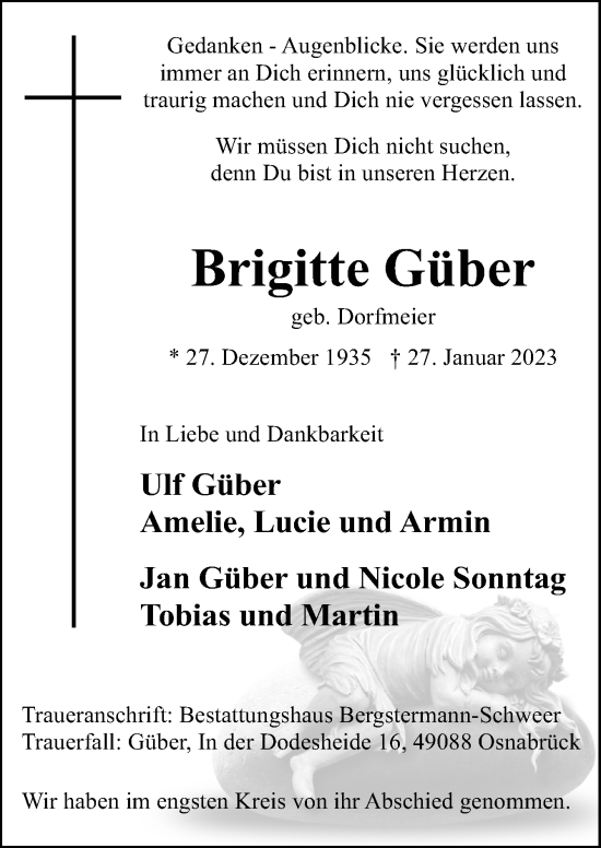 Traueranzeige von Brigitte Güber von Neue Osnabrücker Zeitung GmbH & Co. KG