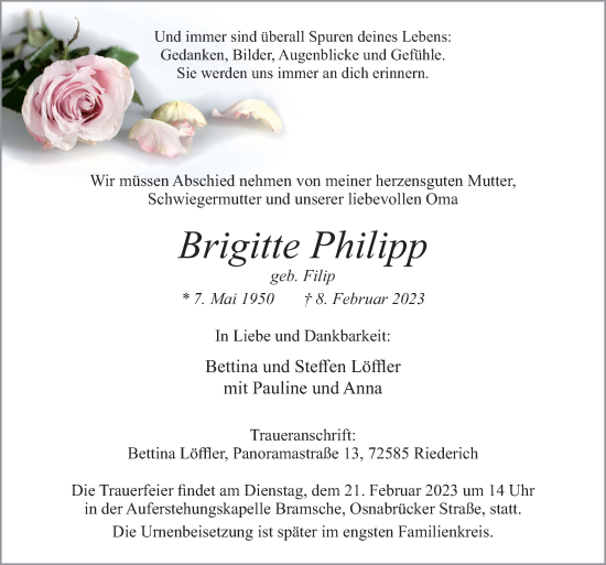 Traueranzeige von Brigitte Philipp von Neue Osnabrücker Zeitung GmbH & Co. KG