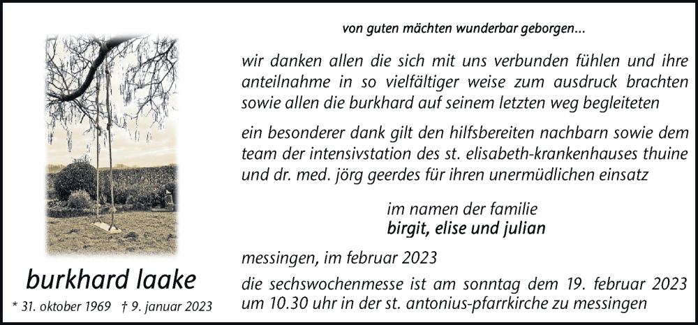  Traueranzeige für Burkhard Laake vom 11.02.2023 aus Neue Osnabrücker Zeitung GmbH & Co. KG