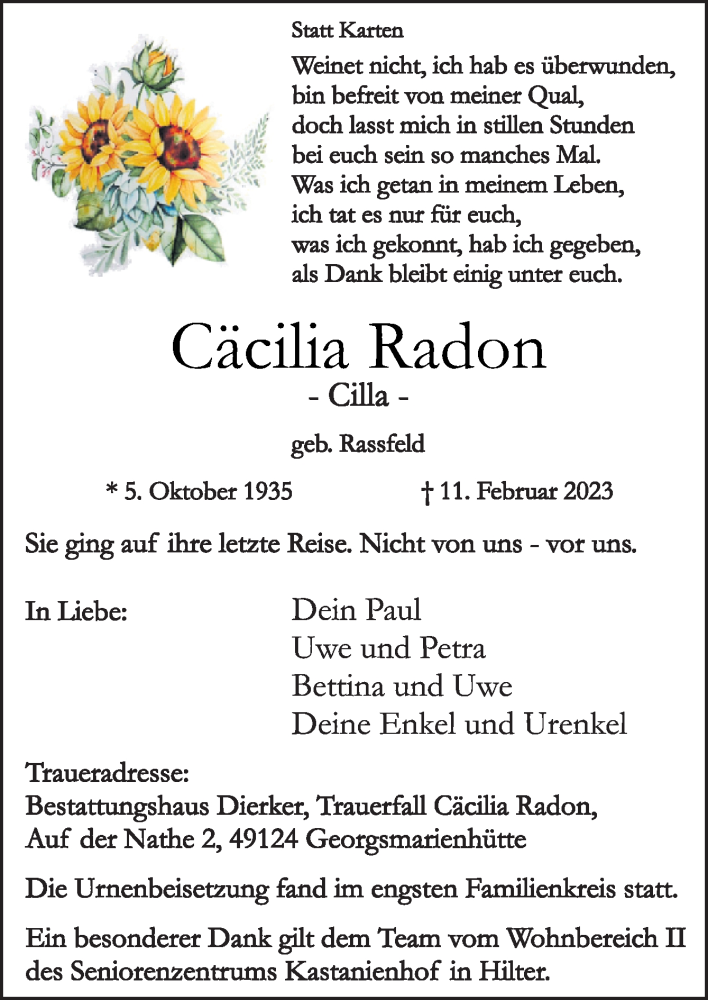  Traueranzeige für Cäcilia Radon vom 25.02.2023 aus Neue Osnabrücker Zeitung GmbH & Co. KG