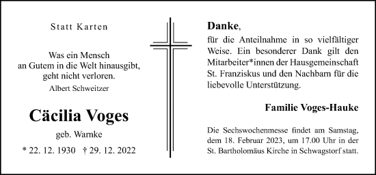 Traueranzeige von Cäcilia Voges von Neue Osnabrücker Zeitung GmbH & Co. KG