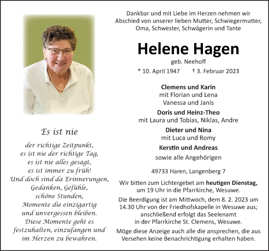 Traueranzeige von Helene Hagen von Neue Osnabrücker Zeitung GmbH & Co. KG