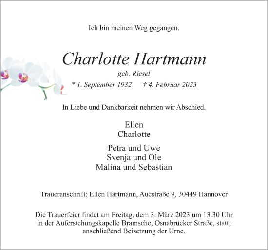 Traueranzeige von Charlotte Hartmann von Neue Osnabrücker Zeitung GmbH & Co. KG