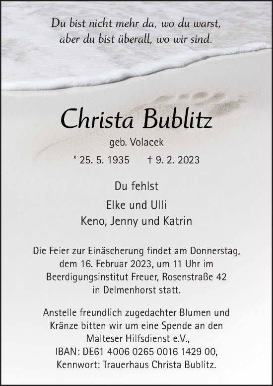 Traueranzeige von Christa Bublitz von DK Medien GmbH & Co. KG