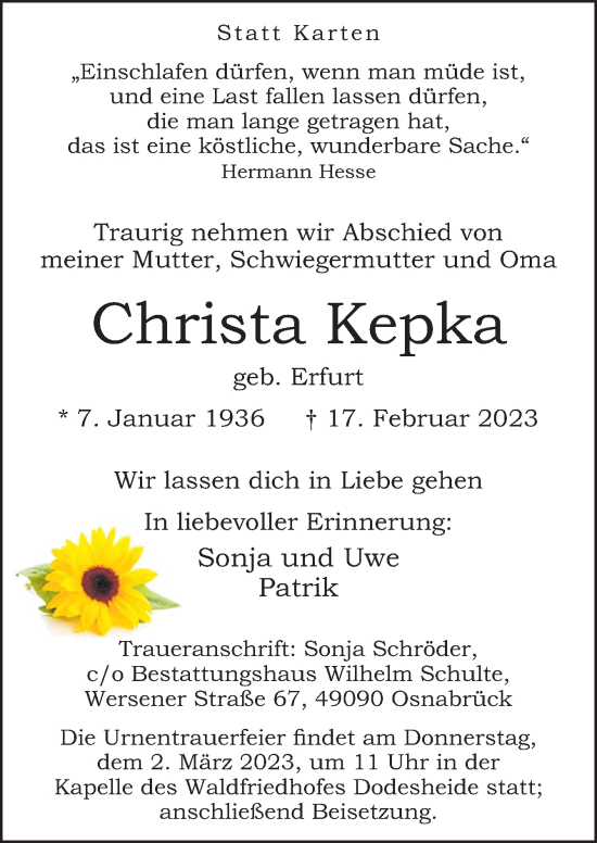 Traueranzeige von Christa Kepka von Neue Osnabrücker Zeitung GmbH & Co. KG